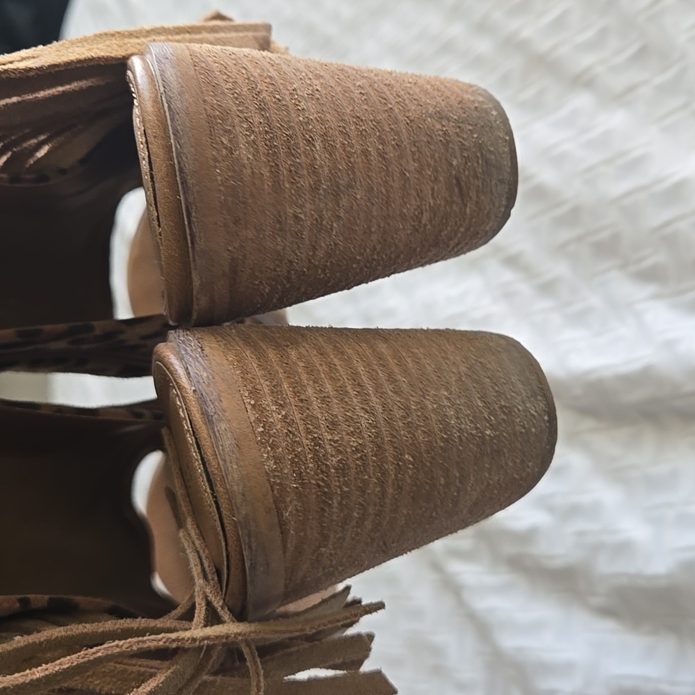 Very Volatile Leopard Print Fringe Block Heel Ank… - image 5